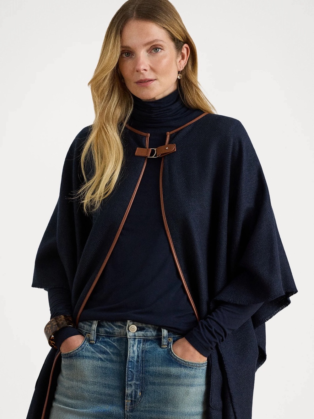 Lauren Ralph Lauren Herringbone Cape Poncho Jacket Leather Buckle Wrap